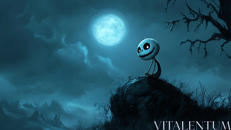 Skeletal cartoon figure on hill under large full moon.
