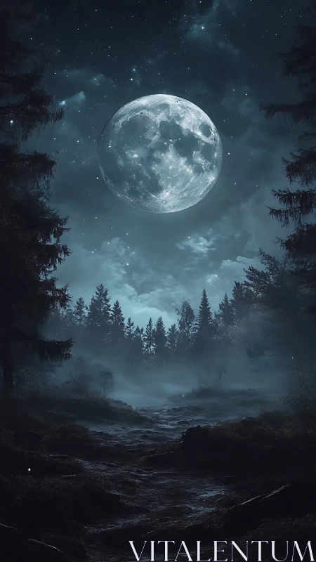 Full moon over misted conifer forest and rough ground path.