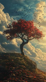 Lone crimson tree crowns cliff above glowing cloud sea.