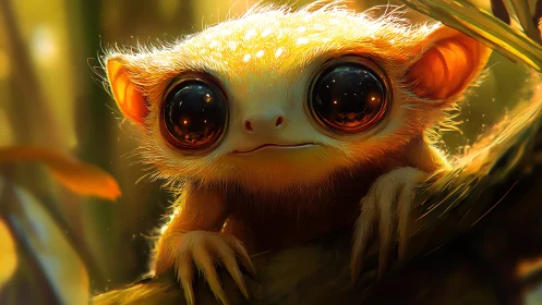 Small fantasy creature with large reflective eyes looks forward