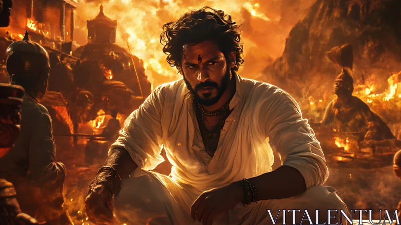 Warrior in white meditates amid burning temple ruins.