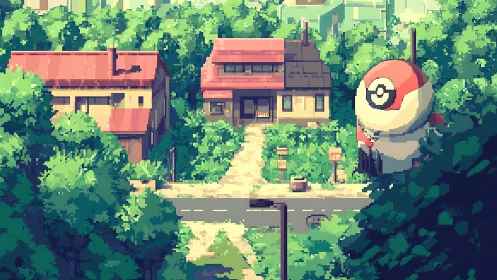 Pixel summer suburb with houses and large ball drone.