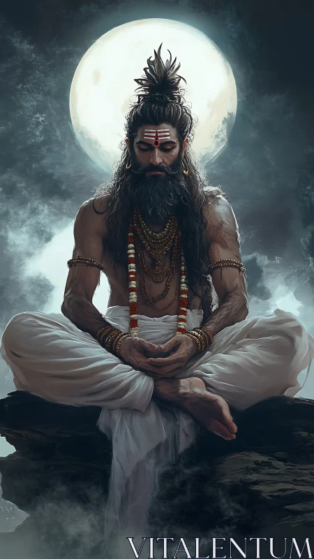 Mystic yogi in lunar halo, hyper-detailed meditative portrait.