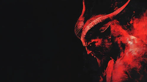 Red horned humanoid profile on black negative space background.