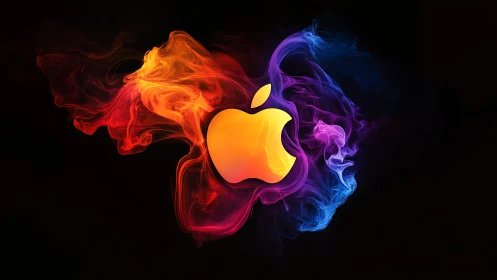 Vibrant gradient apple emblem in neon smoke plumes.