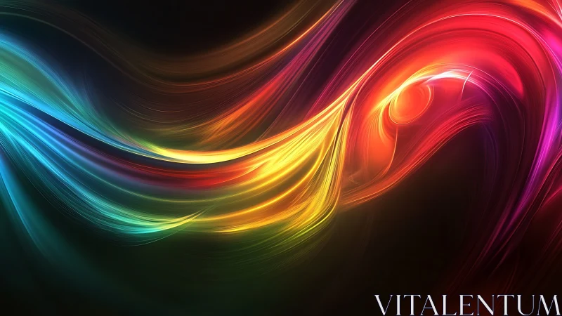 Flowing neon light ribbons curve across dark background