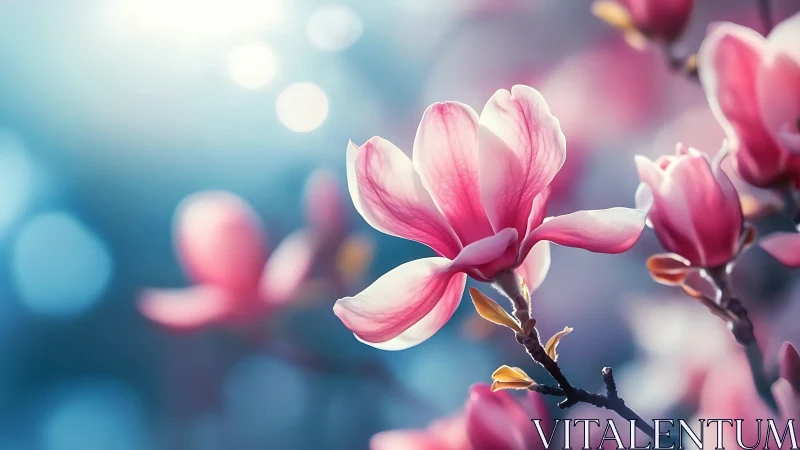 Pink magnolia blossoms bloom against dreamy blue bokeh