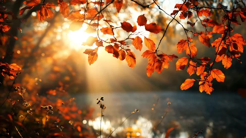 Backlit autumn leaves glow over soft focus forest water