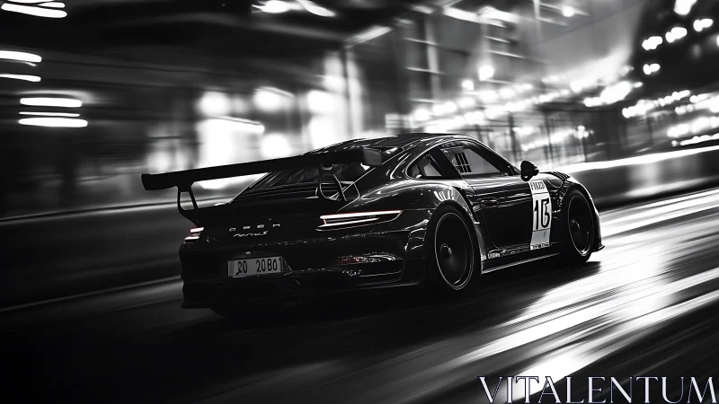 Monochrome GT race car captured with high-speed motion blur dynamics