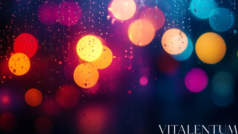 Neon city bokeh glows through rainy, color-soaked glass.