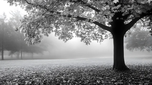 Solitary tree anchors a misty monochrome autumn landscape.