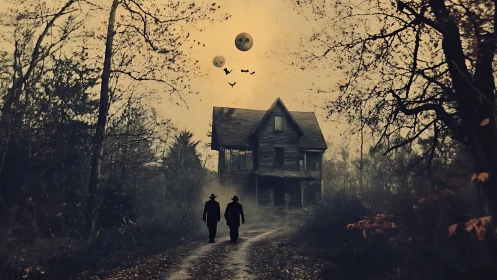 Surreal digital painting of haunted woodland house approach.