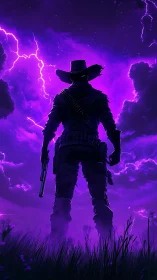 Lone gunslinger silhouetted against vivid purple storm.