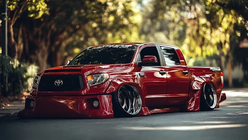 Lowered red custom pickup truck with extreme widebody stance