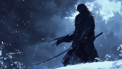 Solitary armored swordsman surveys snowstorm under desaturated sky