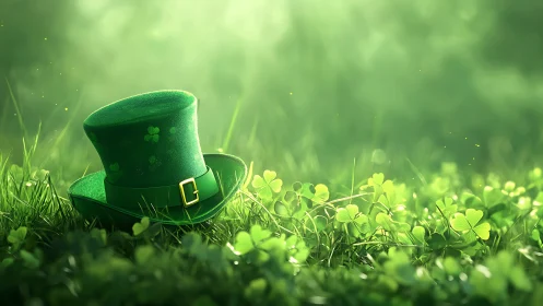 Leprechaun hat resting in clover field under soft light.