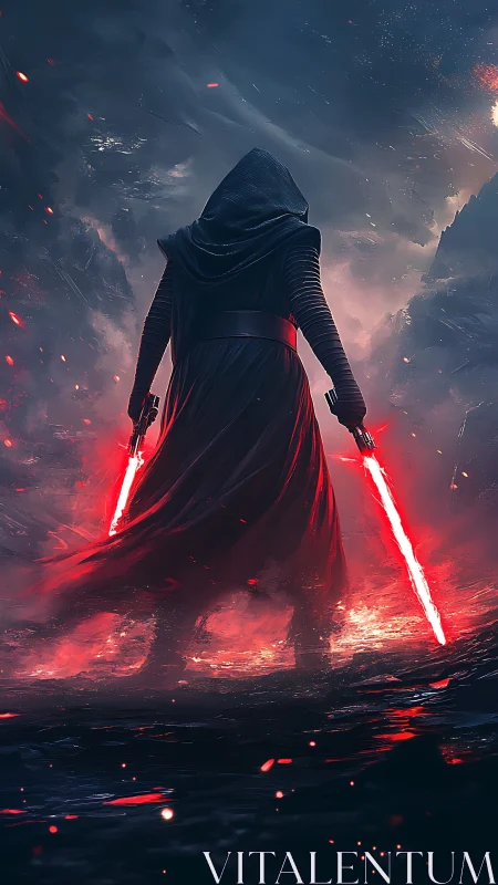 Hooded warrior ignites twin red blades on molten shore.