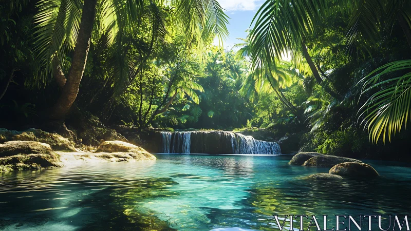 Tropical cascade with refractive turquoise pool illumination.