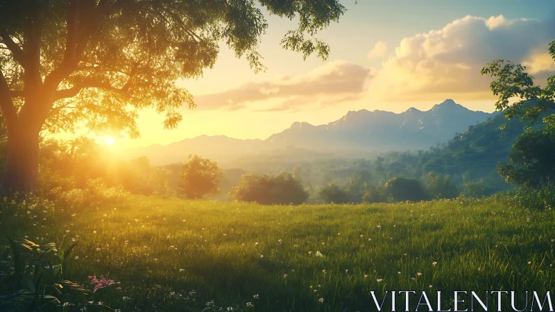 Digital pastoral sunrise with panoramic valley perspective.