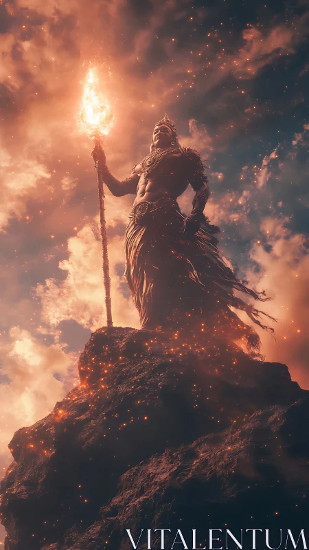 Mythic fire god atop volcanic peak in blazing dusk sky.