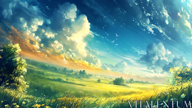 Sunlit meadow panorama under sweeping cinematic sky.