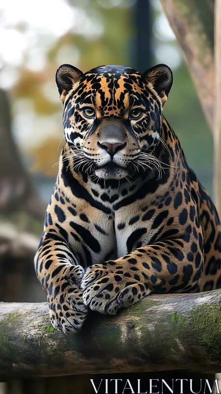 Jaguar portrait on mossy log in soft forest bokeh light.