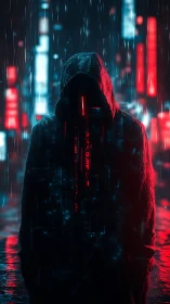 Neon hooded cipher stalks the rainy cyber alleyway night.