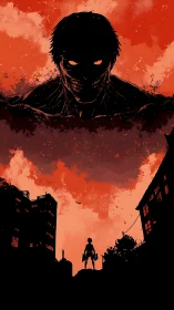 Silhouetted soldier confronts colossal entity in red-stained sky