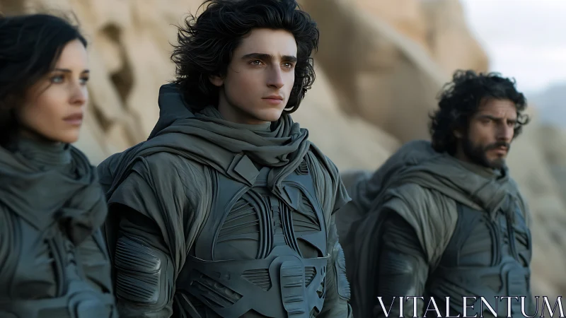 Desert wanderers stand ready in sculpted futuristic armor.