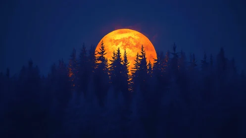 Full orange moon rising above dark conifer forest at night.