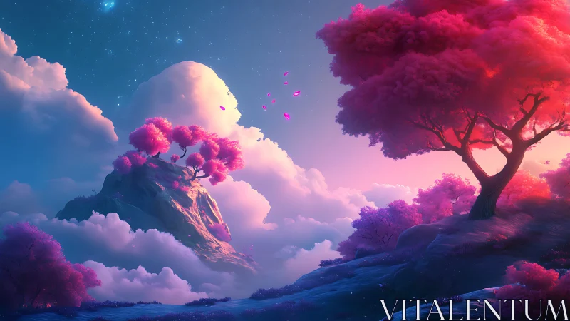 Digital landscape shows pink trees on cloud-covered hills at dusk