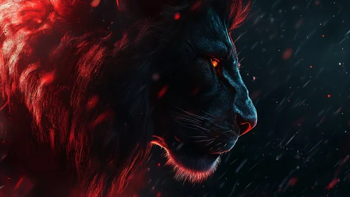 Volumetric ember-lit lion profile in chromatic contrast.