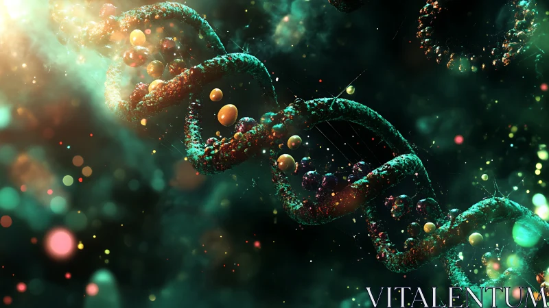 Glowing DNA spirals drifting through a cosmic dreamscape.