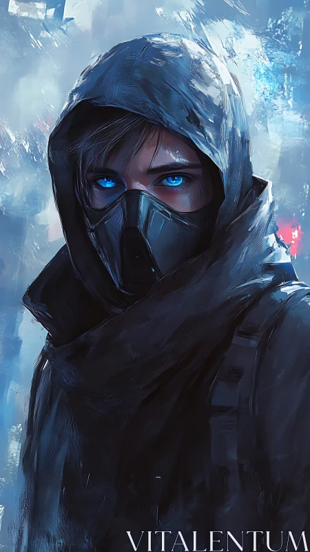 Hooded cyberpunk rogue with glowing blue eyes in snowstorm.