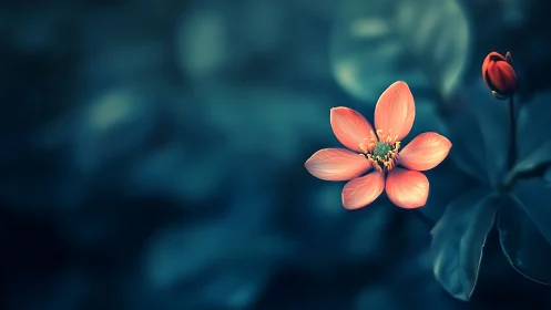Macro study of single coral flower against deep teal bokeh field