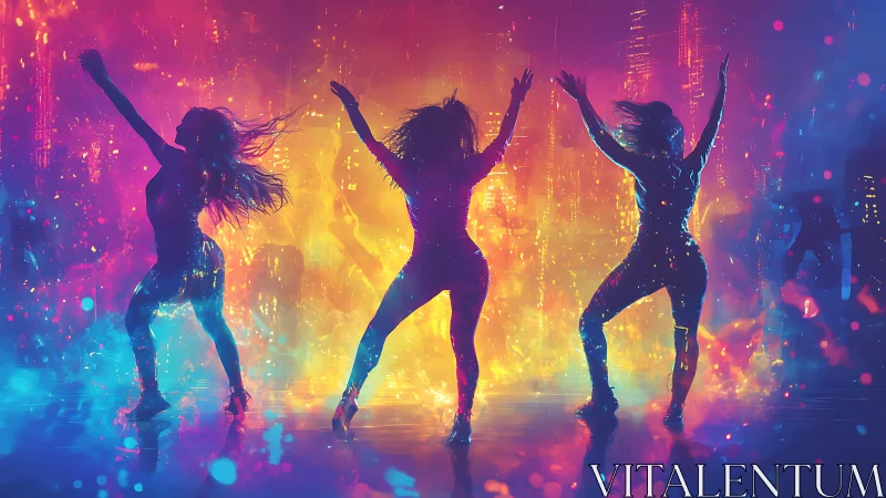 Silhouetted dancers in neon city light and color haze.