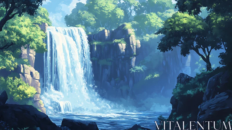 Majestic Waterfall Cascades Through Lush Forest Canyon
