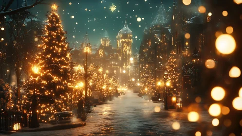 Snowy city street glows under golden Christmas lights.