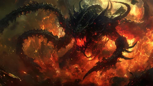 Infernal multi-limbed demon emerging from volcanic firestorm