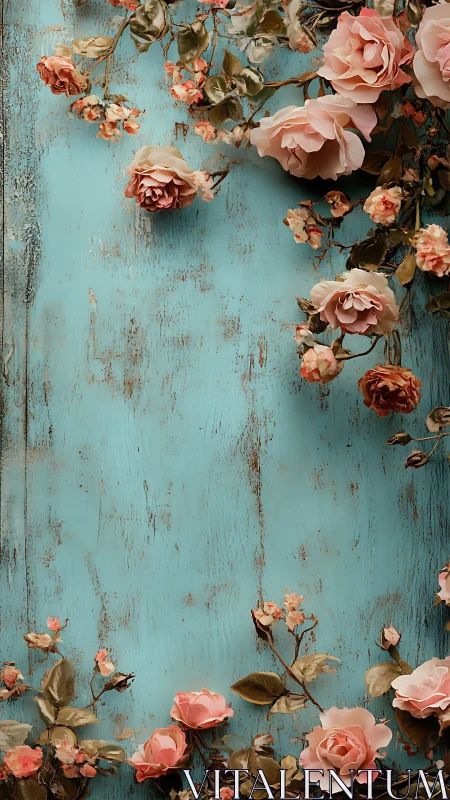 Pink roses arranged along distressed turquoise panel surface.
