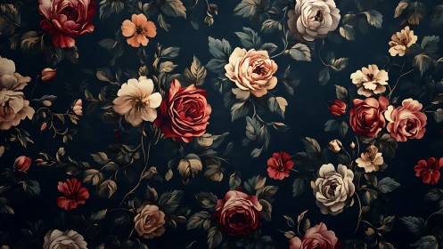 Baroque Floral Composition: Deep Chromatic Roses and Botanical Elements.
