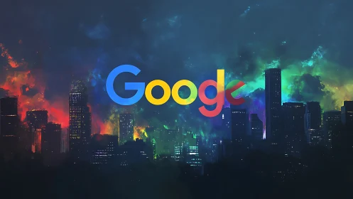 Google logo glows above neon city skyline in vibrant night