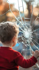 Small child in red sweater touching shattered glass pane