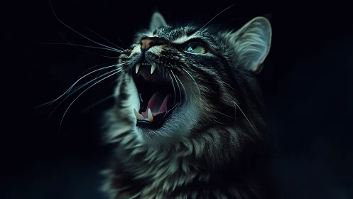 Fierce tabby cat yowls under dramatic low key lighting.