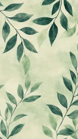 Watercolor botanical leaves on soft green textured ground.