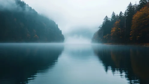 Misty forest lake with autumn treeline and soft reflections.