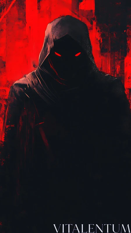 Hooded shadow entity glows with burning red eyes.