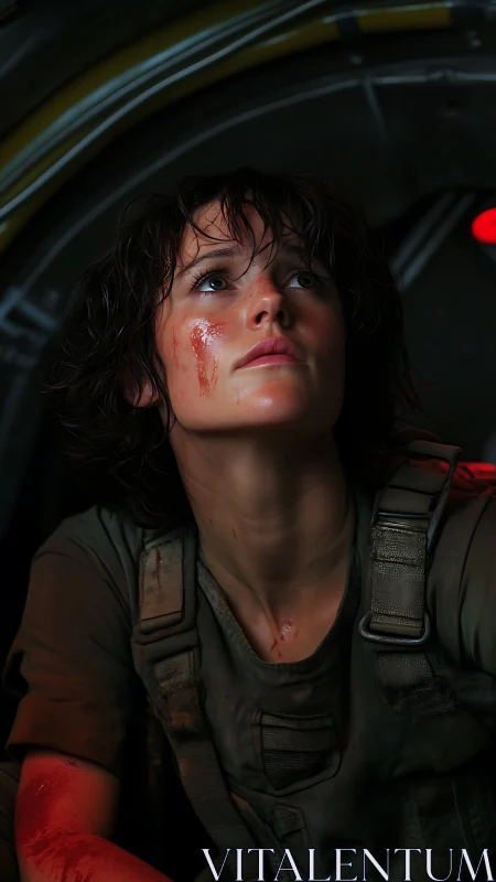 Battle-worn pilot under red emergency light in cockpit.