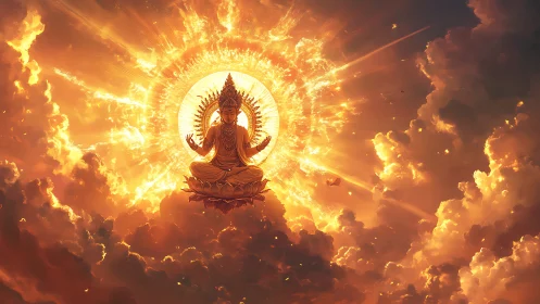 Radiant celestial deity seated within explosive solar halo