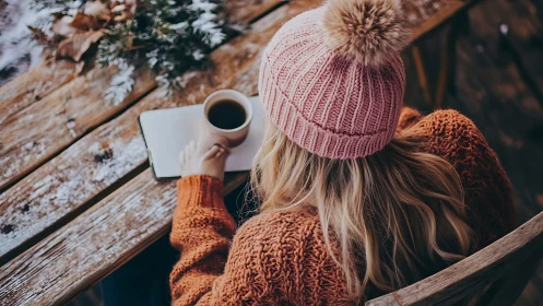 Overhead winter workspace with knit textures and coffee steam.